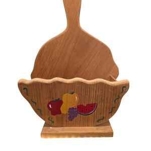 Vintage Wood Paper Plate Holder Painted Fruit Hard Wood Farmhouse Cottage